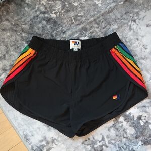Aviator Nation Black Running Shorts with Rainbow Side Stripes